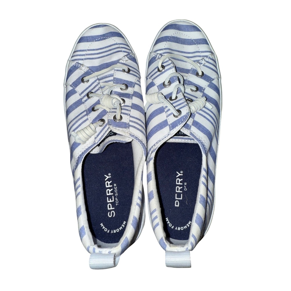 Sperry Crest Vibe Sneakers Blue White Stripe Canvas Coastal Women's‎